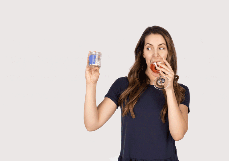 Animation of a lady drinking, taking Cheers restore, and pretending to head to sleep
