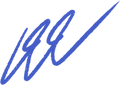 Blue signature on a white background