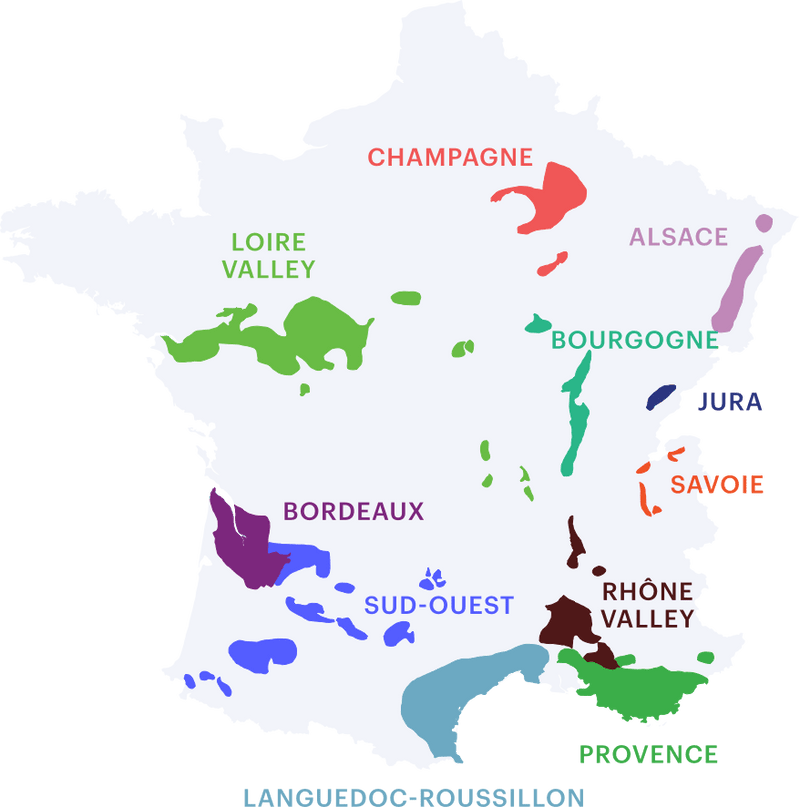 Map of France highlighting wine regions with colored labels