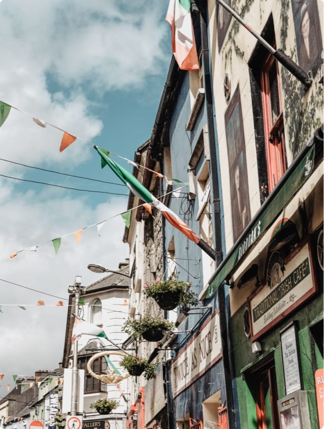 Street scene with buildings, flags, and hanging plants against a blue sky.