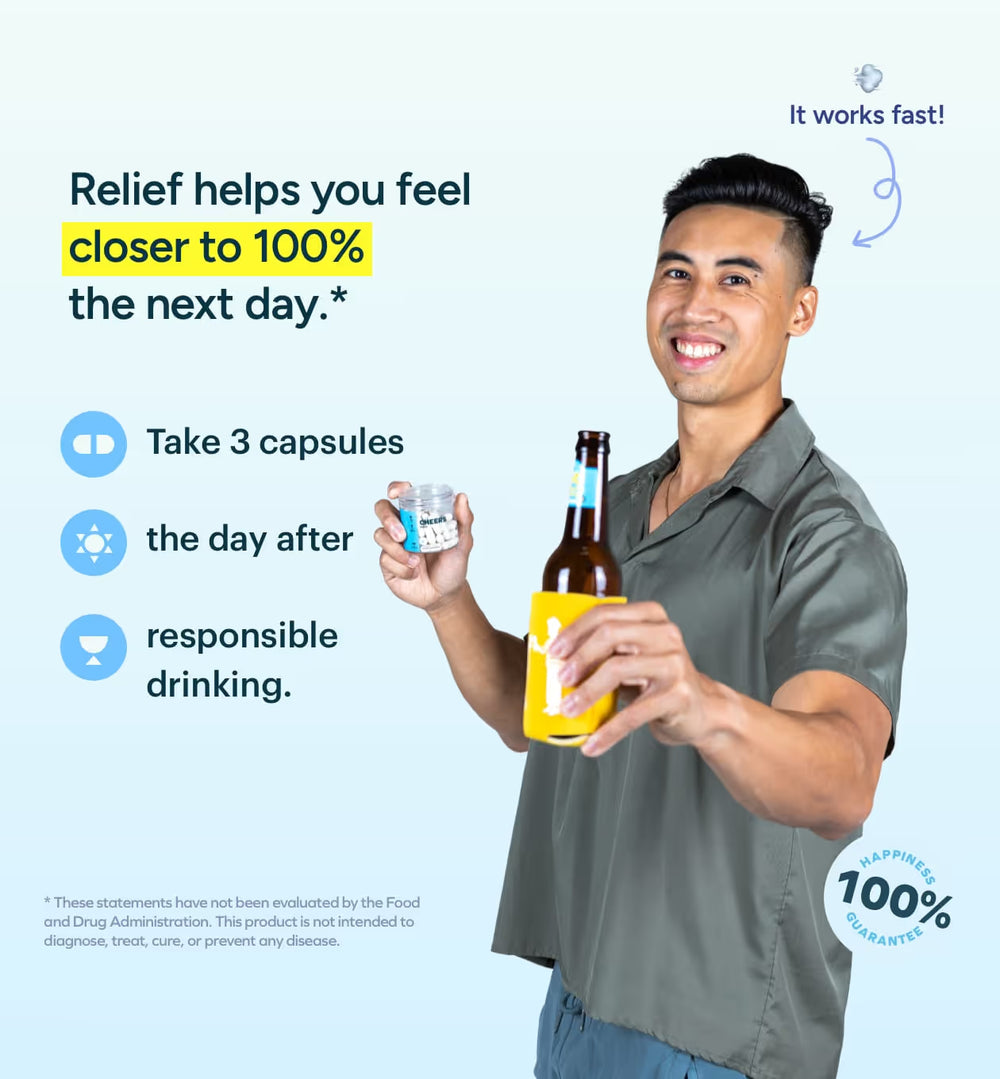 Man holding a bottle and a container with text about relief and responsible drinking.