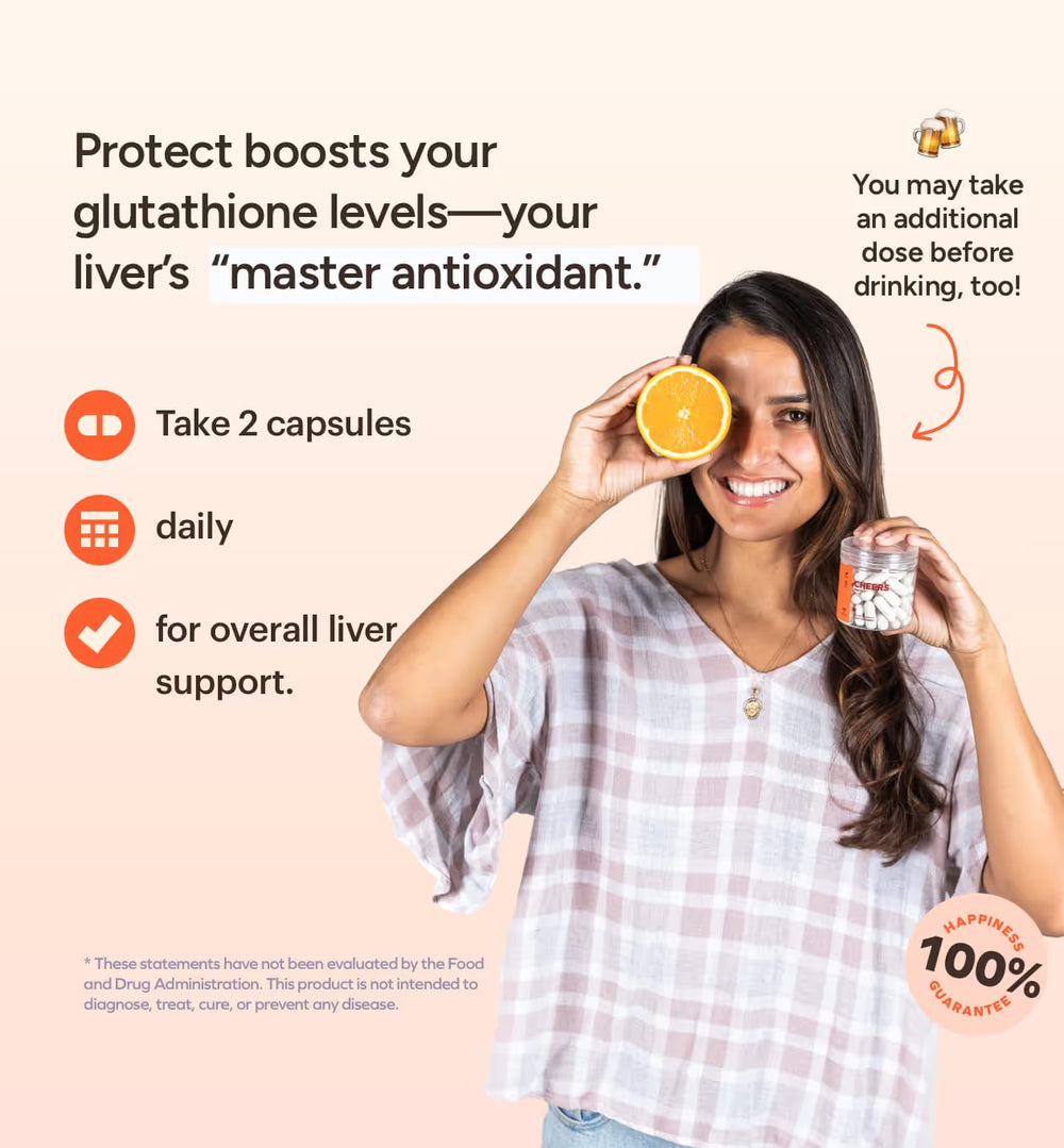 Woman holding an orange and a container of supplements with text about glutathione levels and liver support.