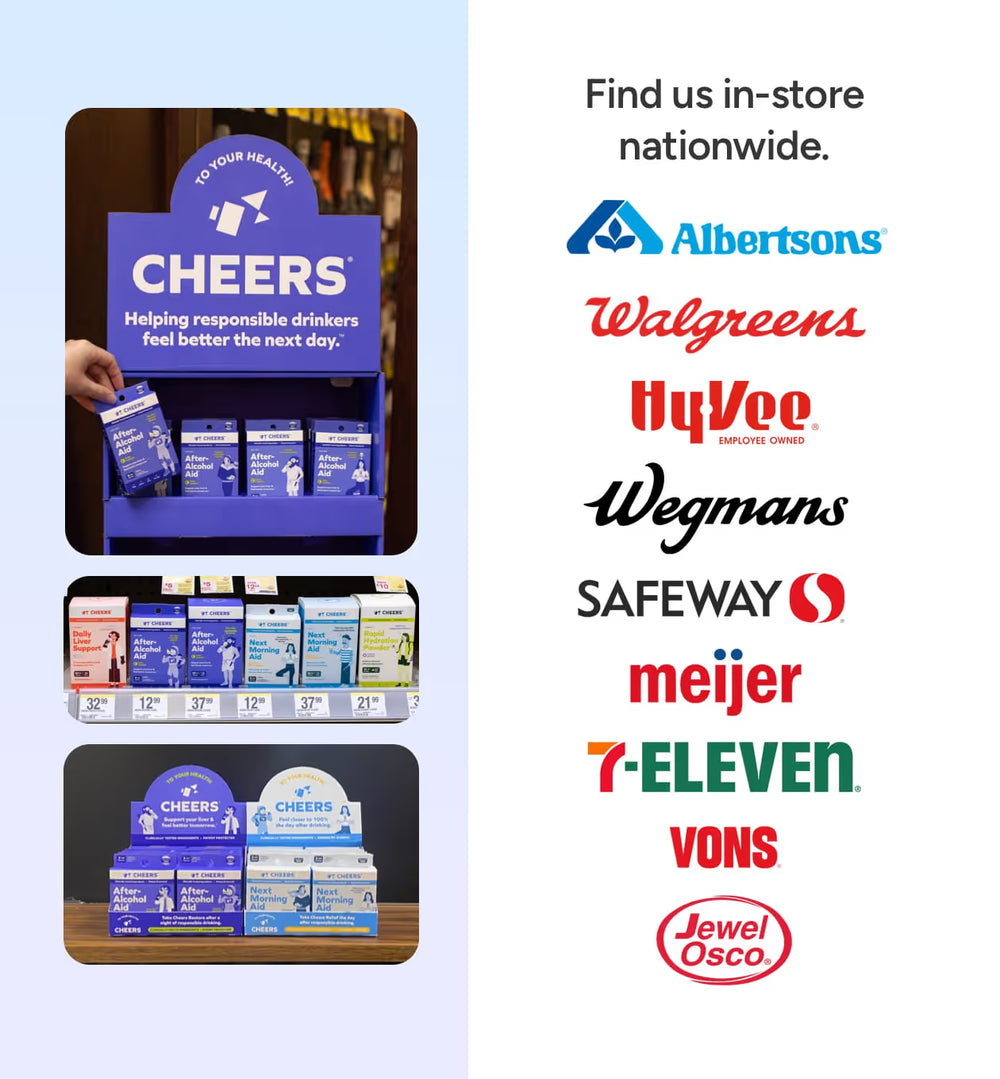 Display of 'Cheers' product with store logos on a light blue background