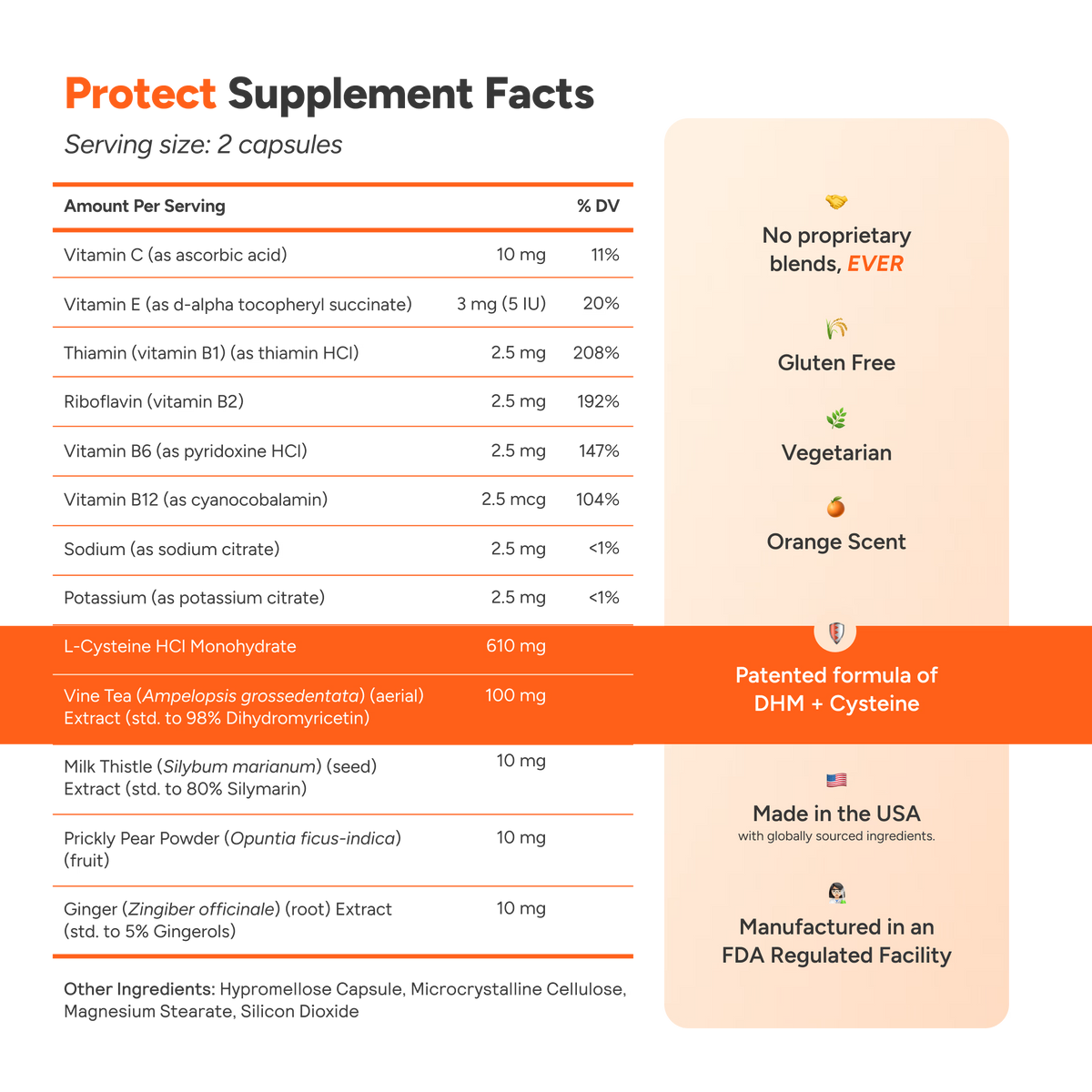 Supplement facts label with detailed nutritional information and product features.