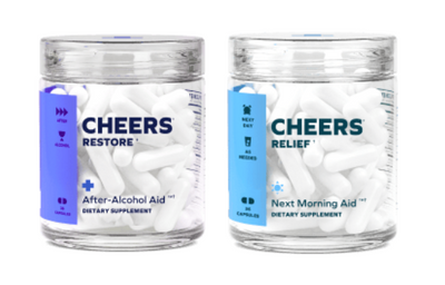 Two jars labeled 'Cheers Restore' and 'Cheers Relief' on a white background
