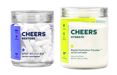 Two jars labeled 'Cheers' for restore and hydrate on a white background