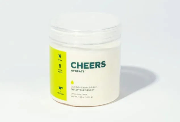 Jar of 'Cheers Hydrate' dietary supplement on a white background