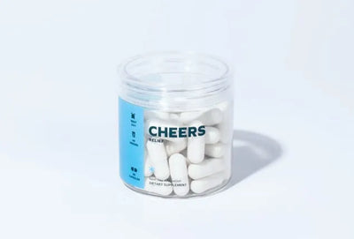 Jar of white capsules with 'Cheers' label on a light gray background