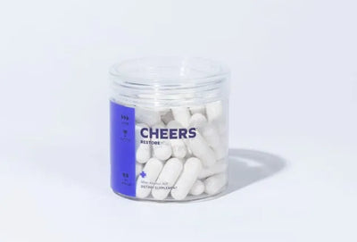Jar of white capsules with 'Cheers' label on a light gray background