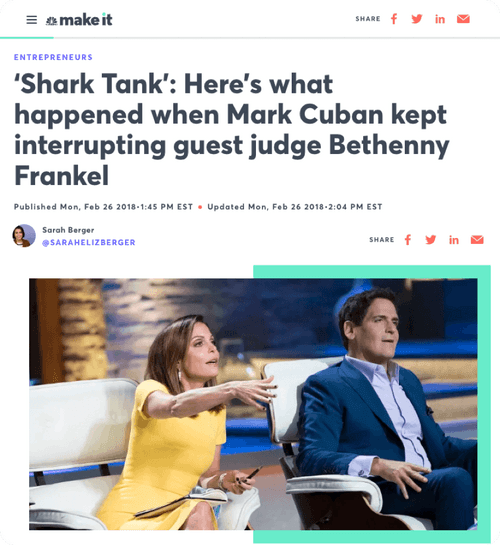 NBC article screenshot about Cheers being on Shark Tank